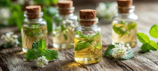 The collection of essential oils in glass containers on a rustic wooden background.