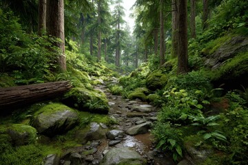 Fototapeta premium A lush forest path meanders through moss covered rocks and towering trees