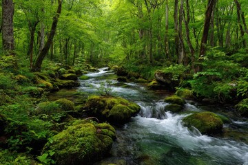Obraz premium Lush green forest with a crystal-clear stream flowing smoothly over moss-covered rocks, sunlight dappling through the canopy