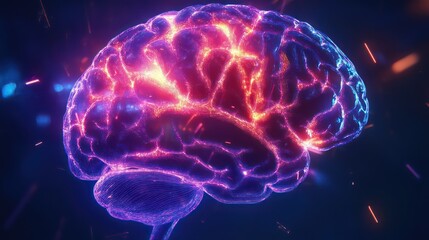 Glowing Neon Brain Abstract Art with Sparks