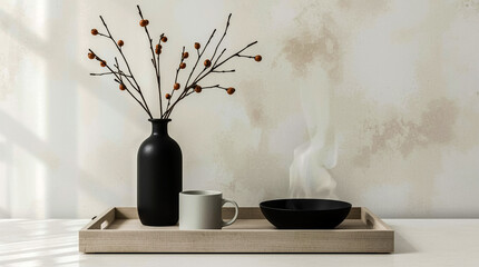 A minimalist still life composition featuring a black vase with branches a white mug and a black bowl on a wooden tray