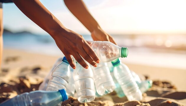 Child sorting plastic bottles on beach