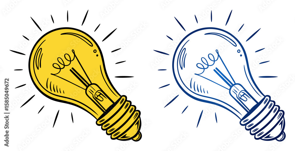 Poster light bulb drawing in two design variants - outline and two-color, isolated vector image of yellow a
