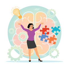 Mind Fitness with Woman, Brain and Colorful Puzzles.