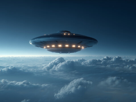 Unidentified flying object hovering above the clouds