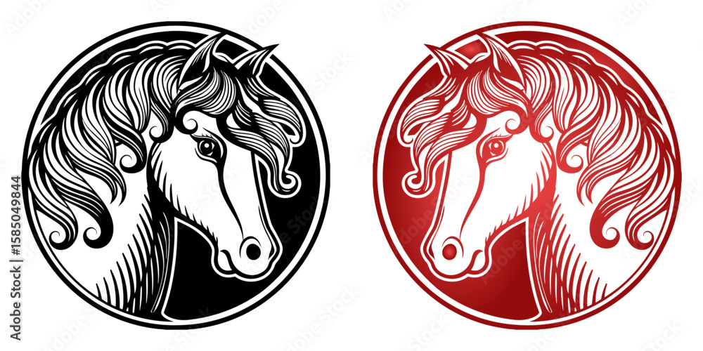 Poster horse head in two design variants, black and red, isolated vector image on transparent background, s