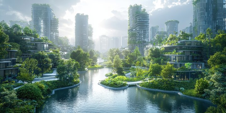 A futuristic city center with a canal flowing through, featuring green architecture and sustainability in urban planning.