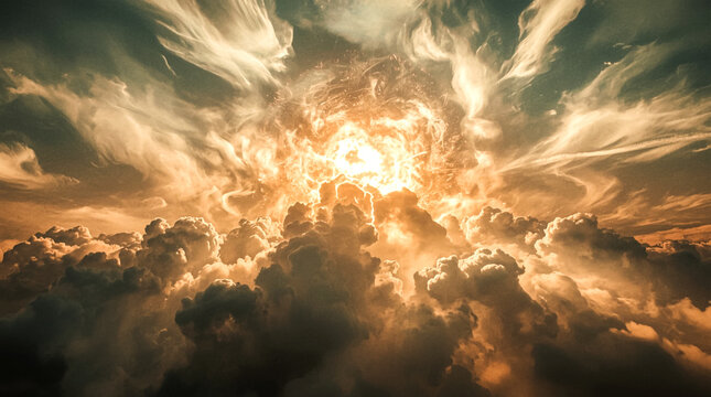 The sun explodes with light through a turbulent sky illuminating dramatic clouds in a divine spectacle