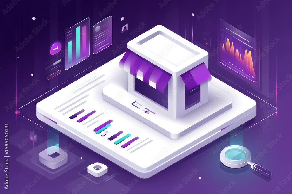 Aufkleber innovative digital storefront representing e-commerce trends with analytical graphs research in a fu