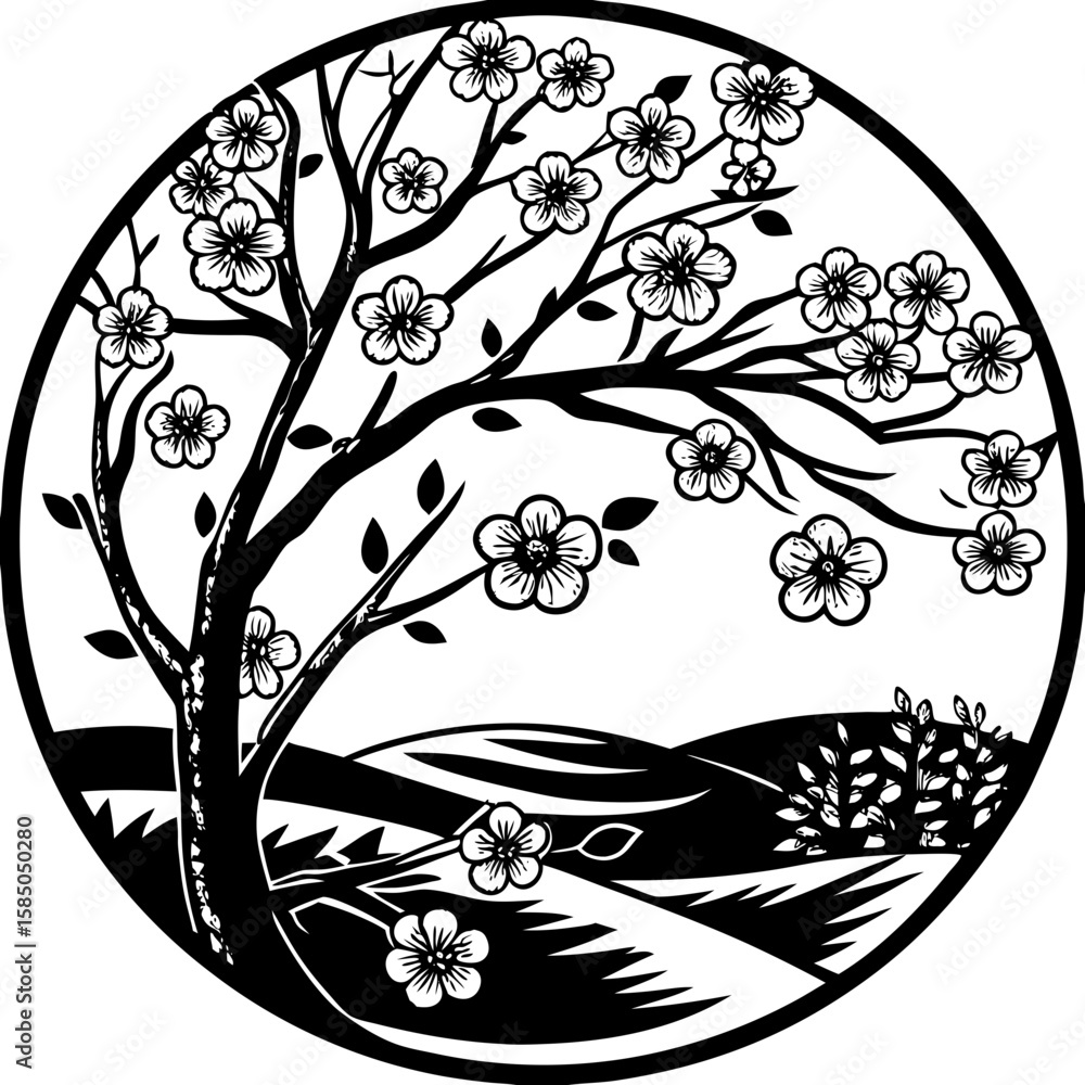 Poster blooming sakura tree in circular design, isolated vector outline image on transparent background