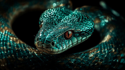 Fototapeta premium Closeup portrait of a striking green and blue snake with intense orange eyes against a dark background