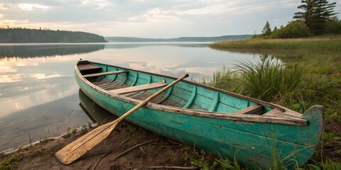 Obraz premium Turquoise Boat on Lake Shore at Dawn, Tranquil ,Nature