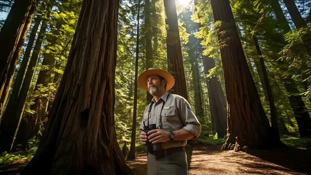 Park ranger with binoculars in redwood forest looks up at tall trees, conservation efforts. Ideal for national park service promotion,  environmental protection, and outdoor adventure.