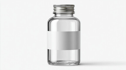 Clear Glass Bottle Mockup with Metal Cap, White Label on a White Background