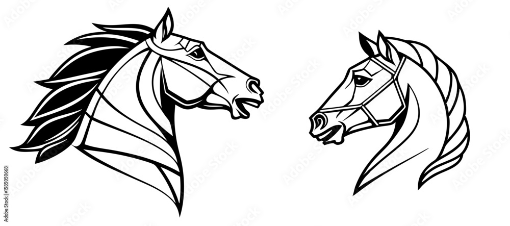 Poster outline drawing of two horse heads isolated vector image on transparent background