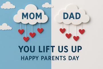 Paper cloud design with mom dad and hearts expressing love gratitude and family care in cheerful art theme for parents day