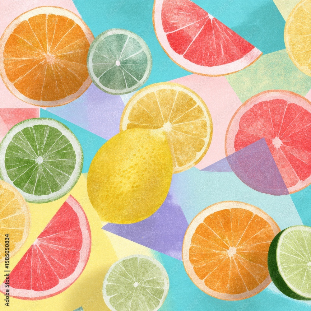 Poster vibrant citrus fruits arranged in a geometric pattern on a soft pastel background with a free upper 