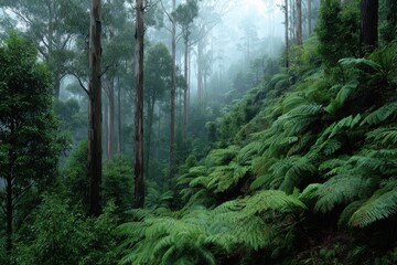 Misty forest scene with tall trees and lush ferns on a verdant hillside