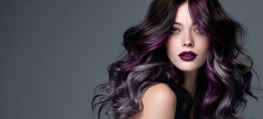 Naklejka premium The stunning model showcases vibrant purple hair and glamorous makeup.