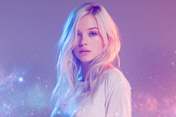 Beautiful young blonde woman , minimalist geometric galaxy, photorealistic style, universe gradient colors