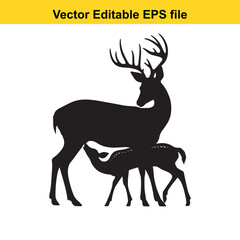 Buck and fawn silhouette nuzzling on white background