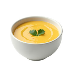 A white bowl filled with yellow corn chowder close up isolated on transparent background