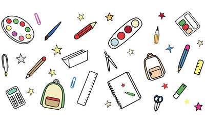 Set of study school supplies: backpack, pencils, brushes, paints, ruler, sharpener, stickers, calculator, books, glue, globe. Children's cute stationery subjects. Back to school.