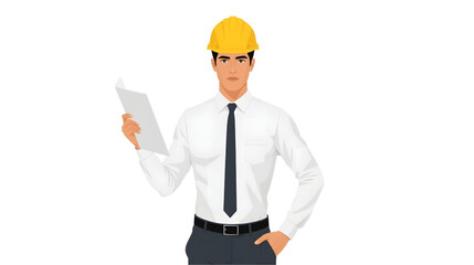 Illustration of a male construction manager wearing a white shirt, tie, and yellow hard hat while holding a document, representing professionalism and site supervision.