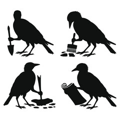 Fototapeta premium Collection of bird silhouettes including ravens, eagles, and doves in flight and on branches, perfect for nature and wildlife illustrations