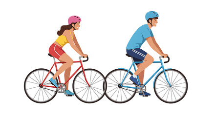 Fototapeta premium Two smiling people are cycling together, showcasing a healthy lifestyle and outdoor activity with vibrant colors against a clean white background.