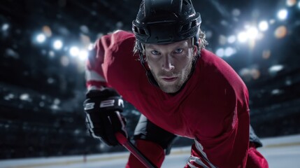 The intense hockey player ready for action on the ice rink.