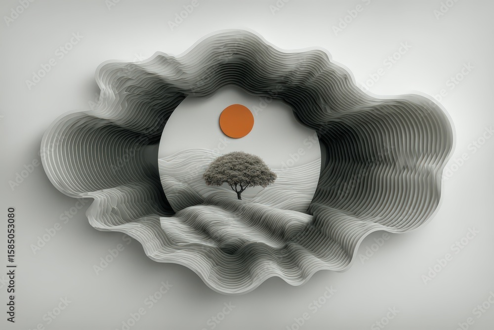 Poster abstract landscape of a solitary tree nestled within intricately layered patterns, illuminated by a 