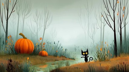 Black cat with yellow eyes near orange pumpkin foggy autumn forest with bare trees dry grass spooky eerie seasonal landscape mist - Powered by Adobe