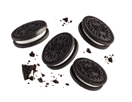 A - Falling Oreo Cookies Cracking Apart in Slow Motion, Side Perspective, Transparent PNG”