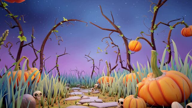 Spooky Halloween pumpkin patch with twisted trees, skulls, and starry purple sky creating eerie atmosphere under starry purple sky