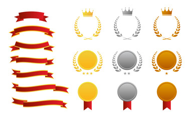 リボン、王冠、月桂樹、メダルのグラフィックパーツセット（ベクターデータグラフィック素材）