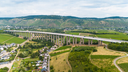 Moselle Viaduct Longuich, between Trier and Schweich, bridge of highway crossing the Mosel river in...
