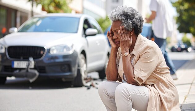Old black woman worried despair sad of car accident