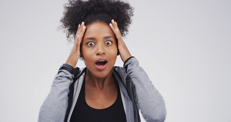 Shocked, portrait and african woman in studio with wow expression, announcement or good news....