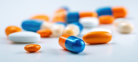 The assortment of colorful capsules and pills on a clean surface.