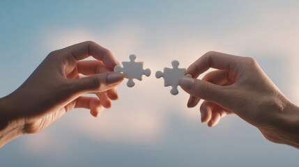 The Hands Connecting Two Puzzle Pieces Against a Soft Background
