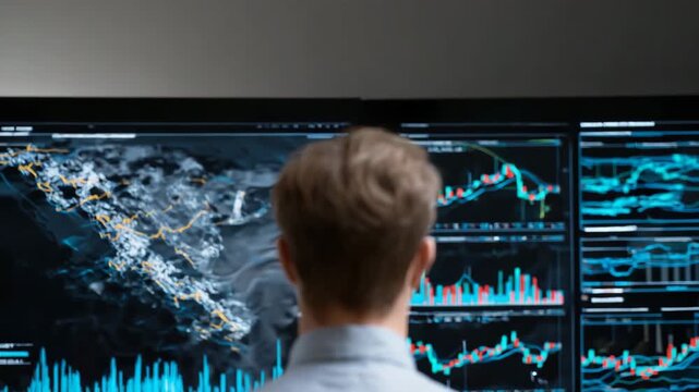 Man is standing in front of a computer monitor, which is displaying a multitude of numbers and gra. faceless businessperson looking at oil map with stock charts overlay, emerging oil markets