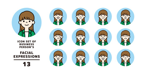 スーツを着た若い女性会社員の様々な表情アイコン素材セット＿円形＿ベクター＿カラー