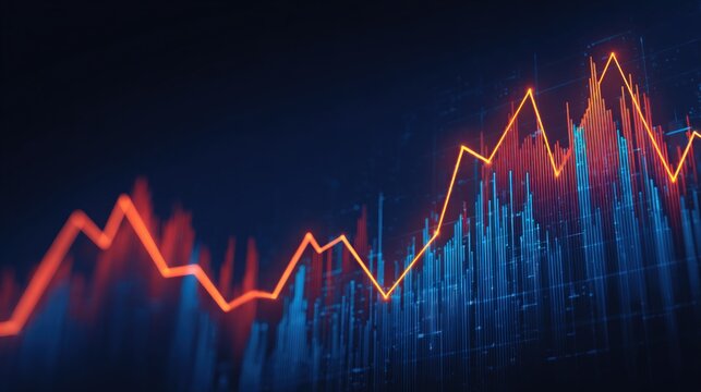 Financial growth is visualized with a vibrant red line graph overlaying a blue bar chart, illustrating market trends and economic analysis in a dynamic presentation.