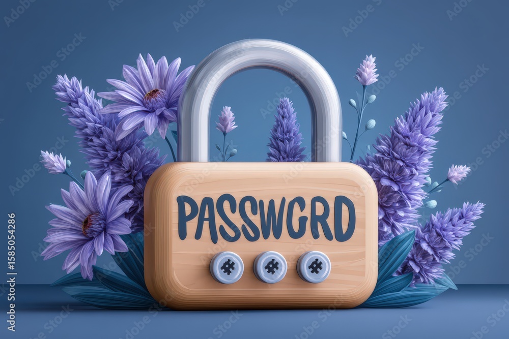 Poster modern password lock adorned with lavender flowers representing digital security blending aesthetics
