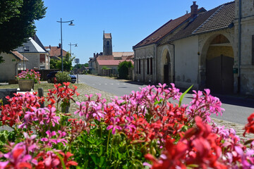 Photo of the small village of Bouconville Vauclair in northern France. With flowers in the foreground and the church in the background.