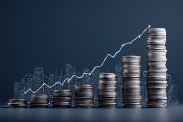 Ascending stacks of coins illustrate financial growth against a sketched cityscape backdrop, symbolizing investment returns and urban development