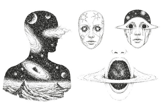 Cosmic Surrealism Dotwork Illustrations Set with Stipple effect. 