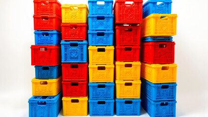 A vibrant pile of colorful plastic clothes pegs overflowing from a blue recycling bin, ready for a second life beyond the trash