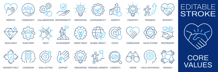 Fototapeta na wymiar Core value icons, such as trust, handshake, goal, mission, strategic and more. Editable stroke. Change to any size and any color.